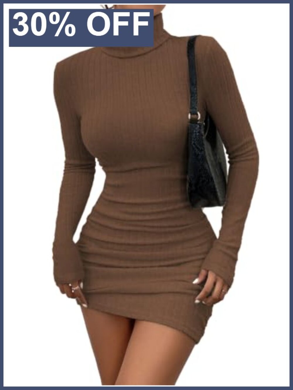 Long Sleeve Ribbed Ruched Bodycon Mini Sweater Dress Turtleneck